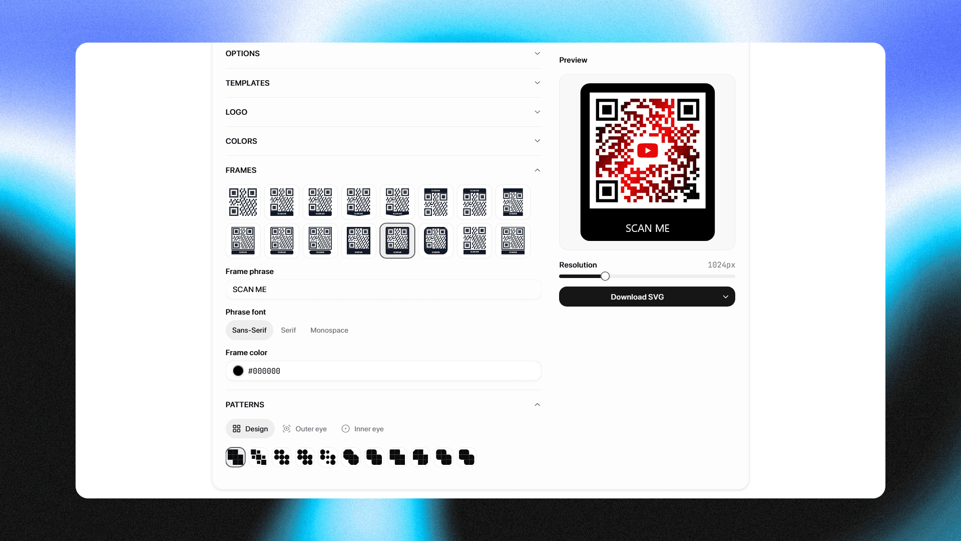 SCAN ME frame, module patterns and eyes