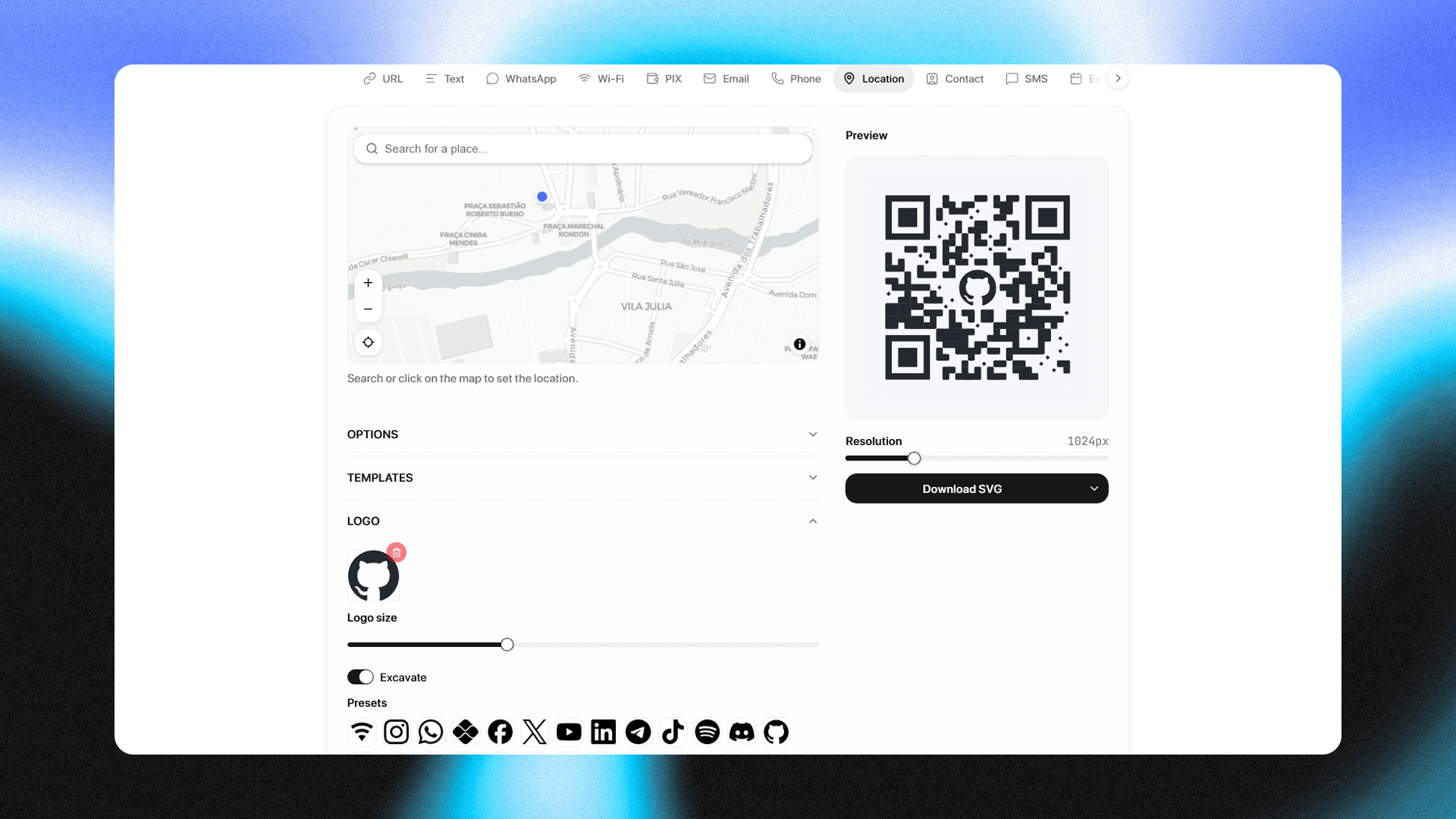 Location kind with the map and GitHub logo