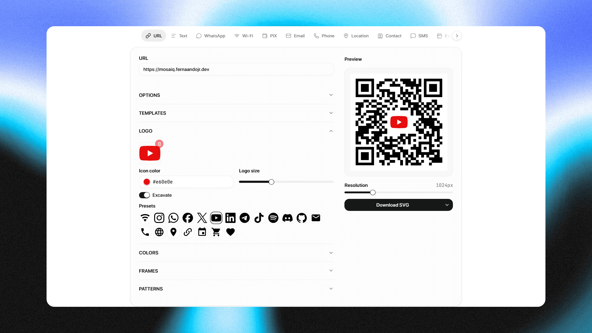Logo panel with the YouTube preset in the QR