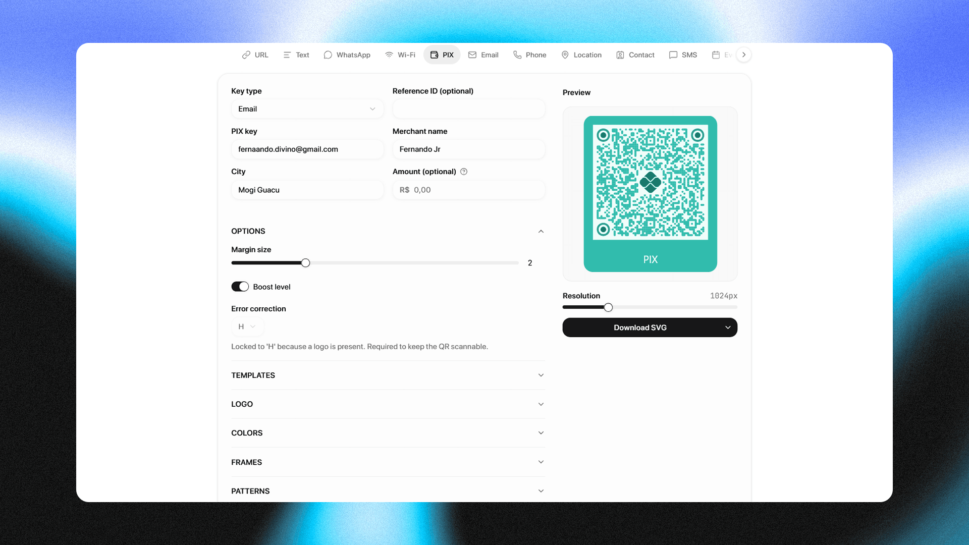 PIX form with key, merchant and preview